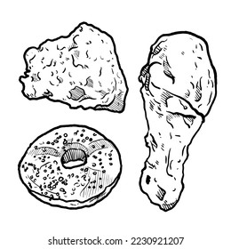 Skizze und handgezeichnetes Fastfood-Element frittiertes Huhn Donut