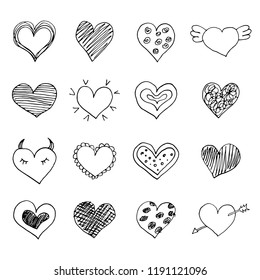 Set of sketch hand drawn hearts. Vector illustration.