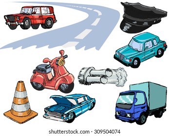 set of sketch, hand drawn illustrations of road motive