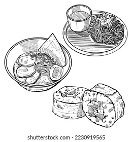 set of sketch and hand drawn japanese cuisine food element collection ramen soba and sushi roll