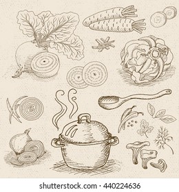 Set of sketch hand drawn, sketch style, food, spices, old paper textured background. Hot soup in a pot. Wooden spoon, mushrooms, beet, pepper, cabbage, onion, carrot. Hand drawn vector illustration.