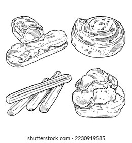 set of sketch and hand drawn sweet dessert menu eclair cinnamon roll choux and churro