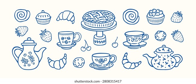 Set of sketch hand drawn teapots, teacups, desserts. Croissant, pie, cake, cherry, bun, strawberry. Tea party. Aesthetics summer picnic. Line drawing ink. Vector illustration for menu, card, label.