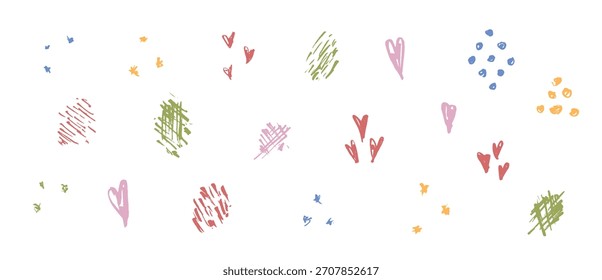 Conjunto de croquis dibujados a mano con corazones de colores, estrellas, gotas y círculos. Formas y texturas artísticas del garabato del dibujo de la tinta para el diseño de la tarjeta de felicitación, Anuncio, logotipo, etiqueta engomada, cartel