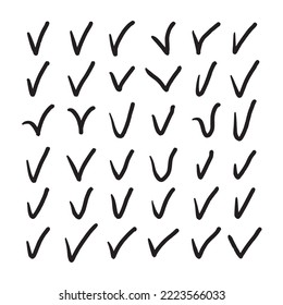 Set of sketch hand drawn thick check marks, V sign vector set isolated on white background. Different checklist marks icons