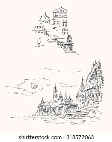 Set of sketch hand drawn vector illustrations with tower and yacht