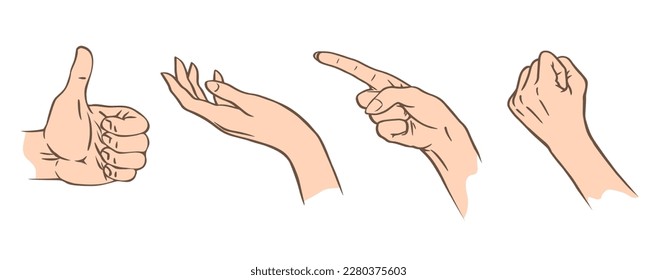 Set of sketch with hand gestures. Fist gestures, pointing, asking and approving. Woman and man. Vector art illustration isolated on white background. Hand drawn style