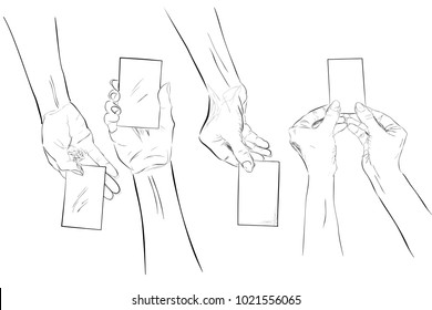 Set Sketch Hand Holding Blank Card, Isolated on White