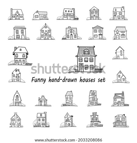 Set of sketch of hand-drawn black house on white background, detached, single family houses with trees. Doodle cartoon vector illustration of Home Sweet Home. House Exterior. 
