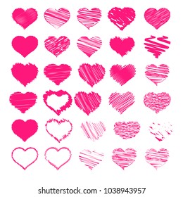 Set of sketch heart icons, vector