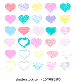 Set of sketch heart icons, vector