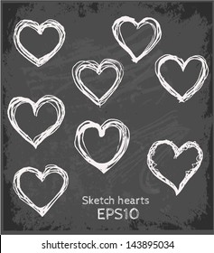 Set of sketch hearts on blackboard. Vector illustration.