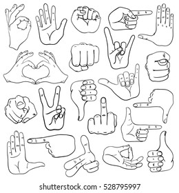 Set Of Sketch Human Hands Icons, Emoji, Gesture, Signs And Signals. 