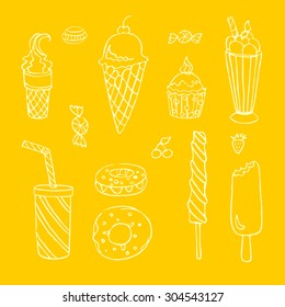 Set with sketch of ice cream, sweets, chocolates, cakes and cocktails.  Vector.
