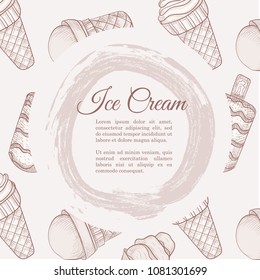 Set of sketch ice-cream for menu restaurant or cafe. Collection summer desserts with space for text. 