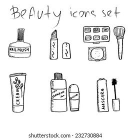 Set of sketch icons about make up and beauty. Vector illustration with nail polish, lipstick, shadow, brush, cream, shampoo, balsam, mascara and rouge