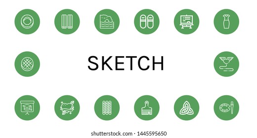 Set of sketch icons such as Bagel, Marshmallow, Algarve, Sneakers, Chalkboard, Pencil dress, Blackboard, Heart, Grissini, Brush, Paganism, Art, Round bread , sketch