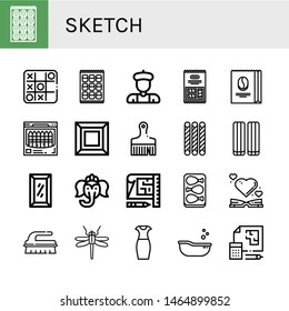 Set of sketch icons such as Bagel, Tic tac toe, Marshmallow, Artist, Coffee beans, Crayon, Art, Brush, Grissini, Full length mirror, Ganesha, Blueprint, Chicken leg, Heart , sketch