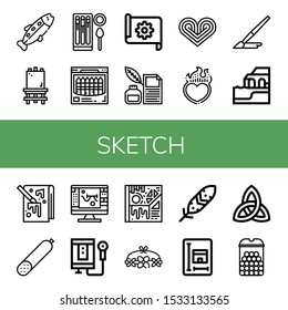 Set of sketch icons. Such as Trout, Canvas, Churros, Crayon, Blueprint, Quill, Heart, Brush, Algarve, Painting, Smoked sausage, Sketch, Water heater, Art, Flower crown , sketch icons