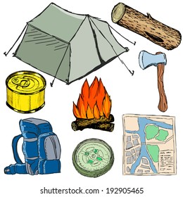 set of sketch illustration of camp objects