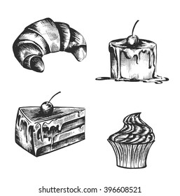 Set of sketch illustration on the theme of the bakery . Image of pastries and croissants on a white background