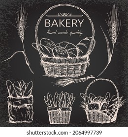 Conjunto de dibujos ilustrativos de la cesta de pan y de los productos de panadería. Plantilla para banner de panadería. Ilustración vectorial en estilo vintage.