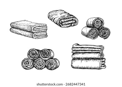 Conjunto de ilustrações de esboço de uma pilha de toalhas enroladas e dobradas. Desenho em estilo de gravação. Clipart de arte vetorial desenhada à mão