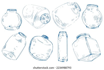 A set of sketch jars at different angles on a white isolate. Glass vector vessels of various shapes in a linear hand drawn style. Stock image of cans of industrial food and conservation.