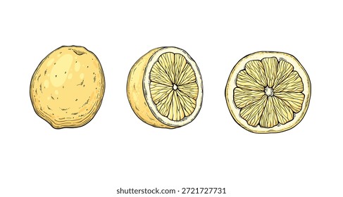 Definir limonada de Sketch. Bebidas frias de verão, fatias de limões amarelos desenhadas à mão e folhas. Vidro de limonada com conjunto de ilustração de vetor de gelo. Beber frutas limonada gráfico, suco e folha de hortelã