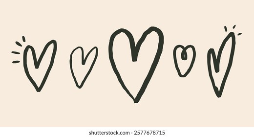 Set Sketch Line Black Heart. Valentine Love Shape Doodle Collection. Hand Drawn Vector Isolated Illustration