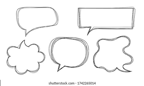 Set  sketch line isolated. Hand drawn scribble. Vector doodle speech  illustration.  Speech bubbles with dialog words Thinking and speaking clouds