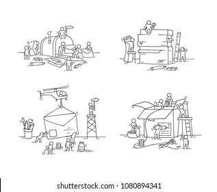 Set of sketch little people with letters, mailbox. Doodle cute miniature scenes of workers with letters. Hand drawn cartoon vector illustration about post.