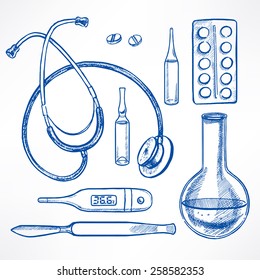 Set with sketch medical supplies. scalpel, stethoscope, bulb. hand-drawn illustration