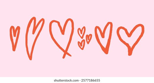 Set Sketch Miinimalist Pink Heart. Valentine Love Shape Doodle Collection. Hand Drawn Vector Isolated Illustration