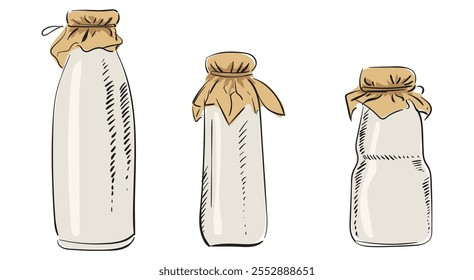 Set Sketch of Milk glass bottles with craft paper. Container for dairy with natural paper cap. Hand draw. isolated Vector image.