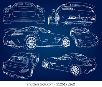 Set sketch of a modern sports car on a blue background with a gradient.