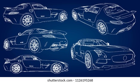 Set sketch of a modern sports car on a blue background with a gradient.