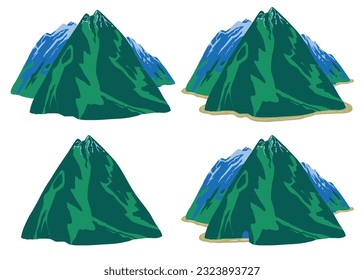 Set of sketch mountain illustrations. Single mountain, mountain group, road, tunnel, isolated elements on the neutral background.