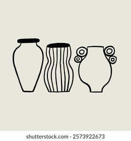 Set Sketch Naive Ceramic Vases. Whimsical Black Line Collection Different Pottery Clay Jar. Vector Hand Drawn Illustration