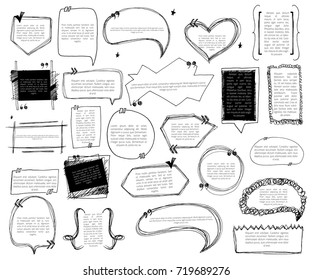 Set of sketch note bubbles for citates on white background. Templates quote with text for statements or comments.