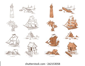 Set of sketch objects for game design. Vector sprites for user interface, maps and backgrounds