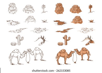 Set of sketch objects for game design. Vector sprites for user interface, maps and backgrounds