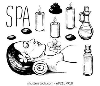 Set of sketch objects for spa procedures: candles, bottles with oil, towels, stones. Hand drawn vector illustration