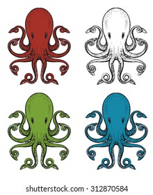 set of sketch octopus green, blue, red and white vector