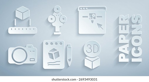 Set Sketch on paper, 3D printer setting, Photo camera, Isometric cube, scanner and  icon. Vector