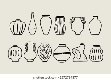 Set Sketch Organic Ceramic Aesthetic Vases. Whimsical Black Line Collection Different Pottery Clay Jar. Vector Hand Drawn Illustration