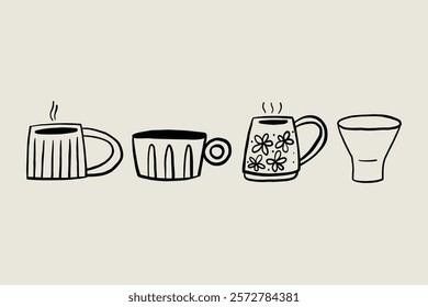 Set Sketch Organic Ceramic Aesthetic Clay Mugs. Whimsical Black Line Collection Different Pottery Clay Cup. Vector Hand Drawn Illustration