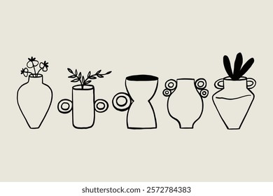 Set Sketch Organic Ceramic Aesthetic Vases with Plant and Flower. Whimsical Black Line Collection Different Pottery Clay Jar. Vector Hand Drawn Illustration