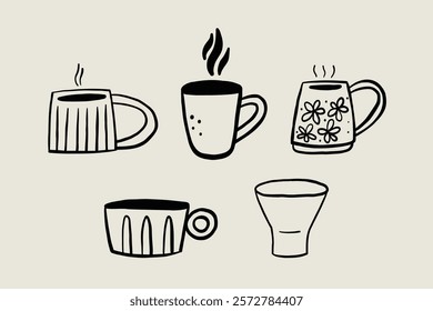 Set Sketch Organic Ceramic Clay Mugs. Whimsical Black Line Collection Different Pottery Clay Cup. Vector Hand Drawn Style