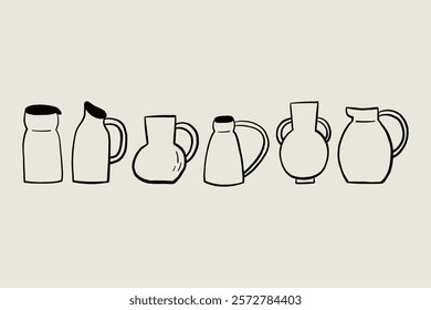 Set Sketch Organic Ceramic Minimalist Pitcher. Whimsical Black Line Collection Different Pottery Clay Jug. Vector Hand Drawn Illustration